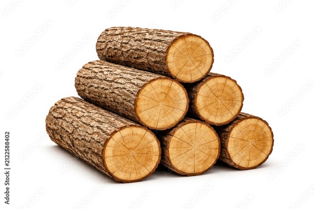 Obraz premium Stacked logs with textured bark.