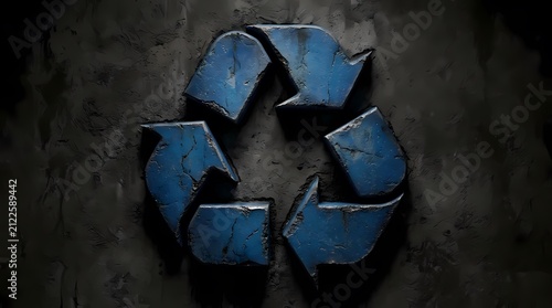 Blue metal recycling logo on weathered industrial wall.