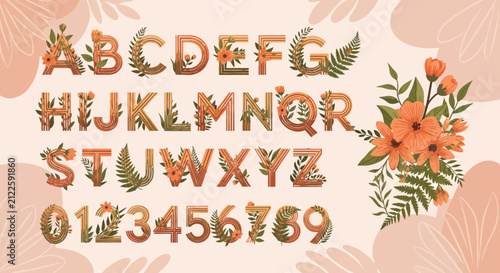 Boho Floral Alphabet and Numbers Set with Orange Flowers and Green Leaves
