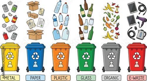 Waste sorting bins with various recyclable materials and organic trash icons in a flat vector illustration