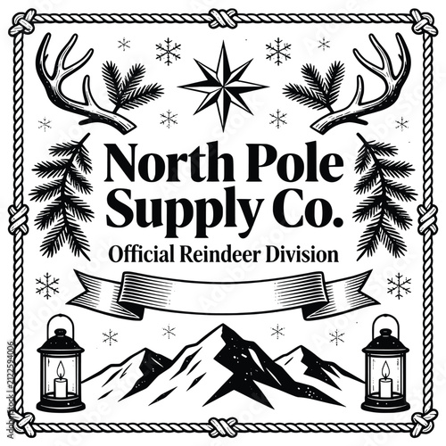 North pole supply company official reindeer division rustic vintage outdoor badge design featuring mountains lanterns and antlers.