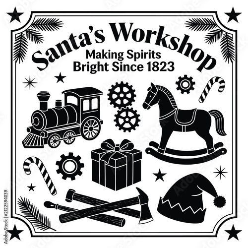 Santas workshop making spirits bright since eighteen twenty three vintage style festive holiday emblem featuring toys and tools.