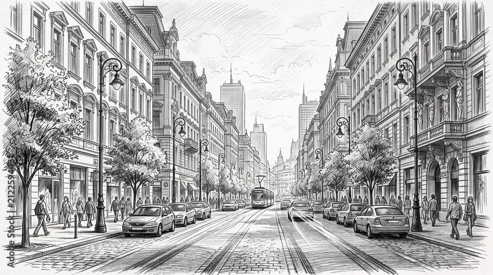 Obraz premium Vintage Style Architectural Street Scene Illustration