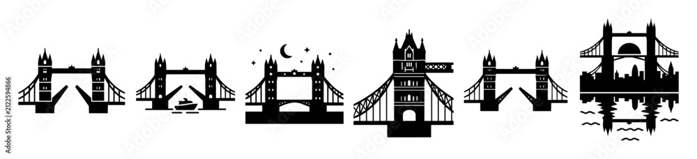 Obraz premium Set of Tower Bridge London vector illustrations in multiple styles and perspectives, including day, night, reflection, and detailed architectural views for landmark and travel design