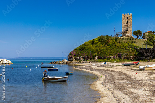 Fishing boats in front of the tower of Nea Fokea