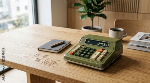 Vintage calculator on wooden table with notepad and coffee for financial planning and business goals