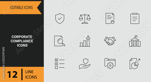 Clean Line Art Symbols Depicting Regulatory Standards Legal Protocols Corporate Governance Risk Assessment And Audit Procedures