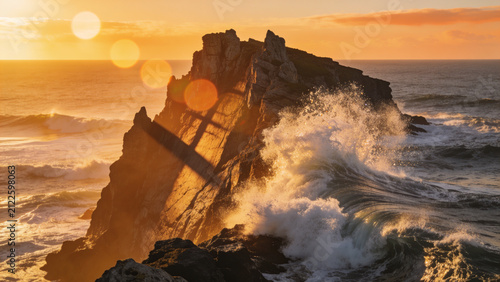 Sunset coastal cliff overlooking dramatic ocean view