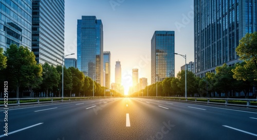 Modern City Street with Skyscrapers and Sunrise - Empty Urban Road Leading to Future Financial District at Dawn