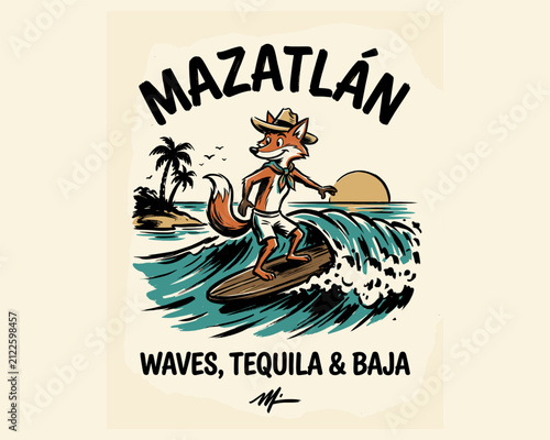 Canvas Print Mazatlán surfing fox vector illustration
