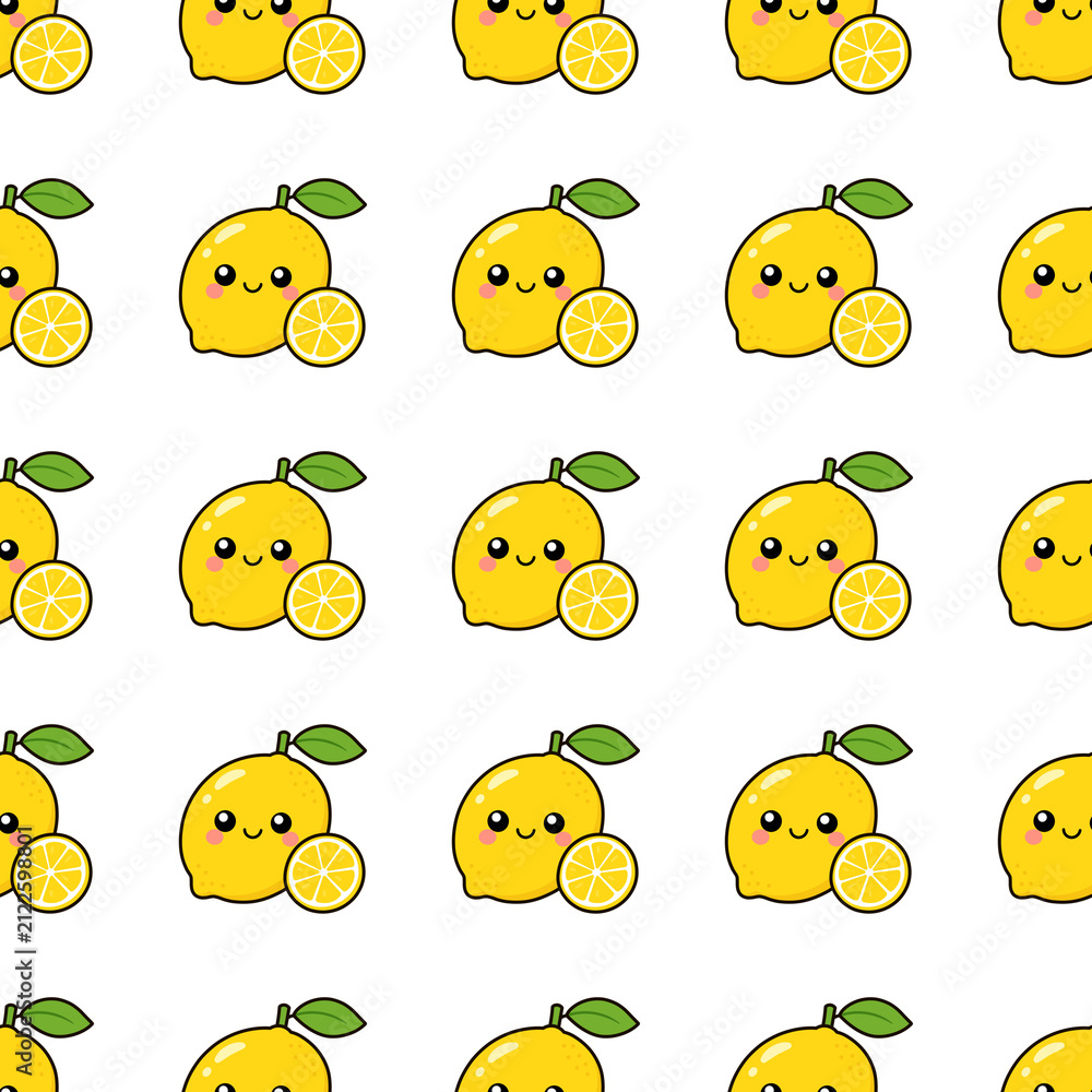 Fototapeta premium Cute cartoon lemon grid seamless pattern background, happy yellow citrus fruit repeating tile