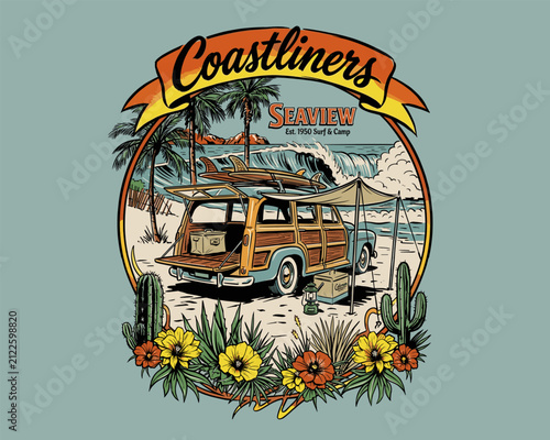 Canvas Print Vintage surf camp woodie wagon illustration