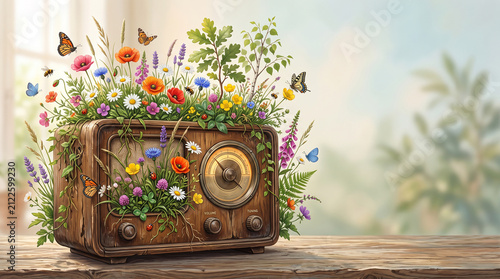 Conceptual illustration of a vintage wooden radio transformed into a flourishing wildflower meadow, colorful flowers 
