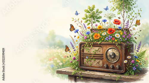 Conceptual illustration of a vintage wooden radio transformed into a flourishing wildflower meadow, colorful flowers 