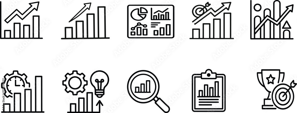 Obraz premium Business Growth Analytics Line Icons Set With BusinCharts, Performance Dashboard, Data Visualization, Marketing Metrics, KPI Report, Investment Strategy, Business Intelligence And Productivity Symbols