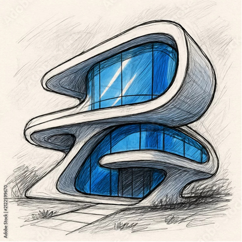 Modern Curved Building Sketch with Glass Facade.