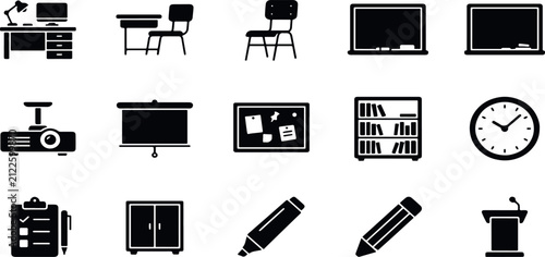 Set of black and white classroom and school education icons representing learning supplies and teaching equipment