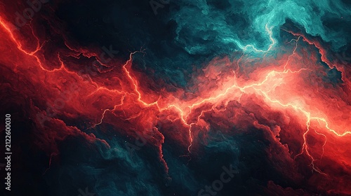 Vibrant abstract backdrop featuring striking red and soothing blue lightning illuminating the sky