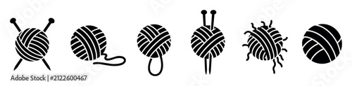 Set of knitting and crochet icons with yarn balls and knitting needles, vector illustrations representing crafting, needlework, hobby, textile arts, and handmade creativity in flat design