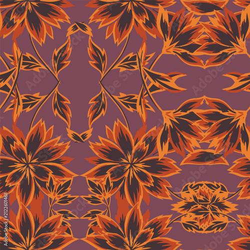 Seamless floral vector pattern featuring stylized orange flowers and foliage on a dark mauve background for textiles and wallpaper.