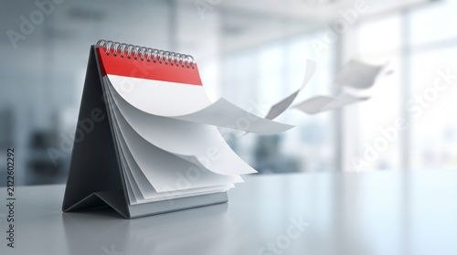 Blank desk calendar with pages blowing away in breezy modern office environment concept for time management