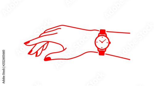 Red Line Art Female Hand Wearing Wristwatch Transparent Background