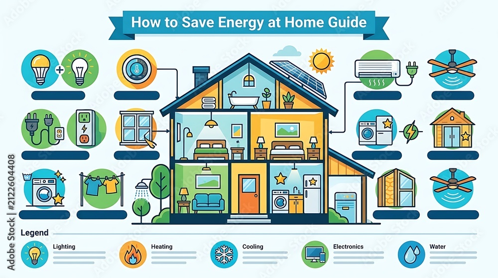 Fototapeta premium Energy saving home efficiency tips infographic guide