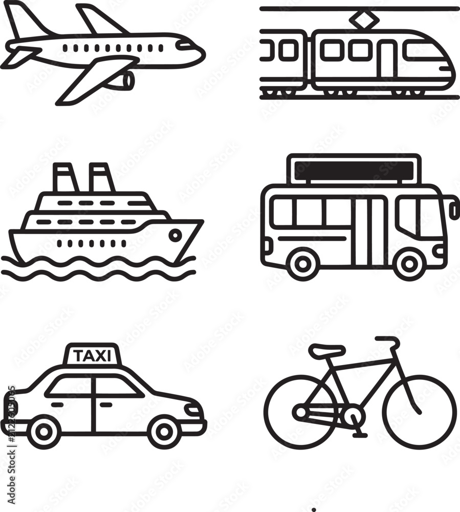 Fototapeta premium Transportation and Travel Vehicles Black Line Icon Set