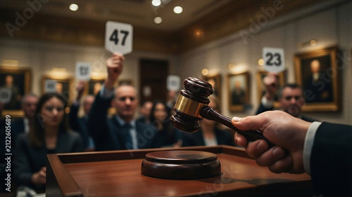 Auctioneer hand holding wooden gavel with bidders raising numbered paddles at a public auction in an elegant hall with paintings.
