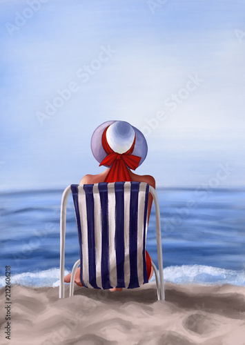     Italian Summer Watercolor Woman Relaxing by the Sea