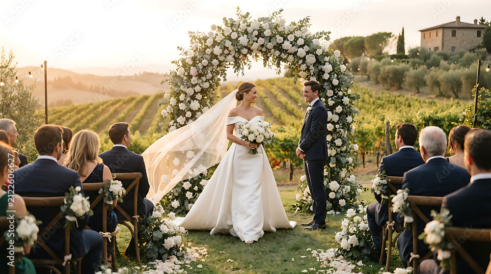 Obraz premium Outdoor wedding ceremony in a vineyard with floral arch and guests watching.