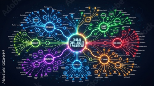 Global challenges and solutions comprehensive mind map showing interconnected world problems and strategies