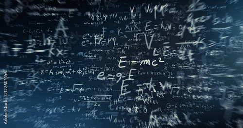 Abstract Physics Equations And Mathematical Formulas On A Dark Blackboard Representing Science And Knowledge