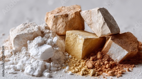 Pile of colorful cosmetic clay powders and chunks on a white background. Used in beauty treatments, masks, soaps, and other natural skin products.