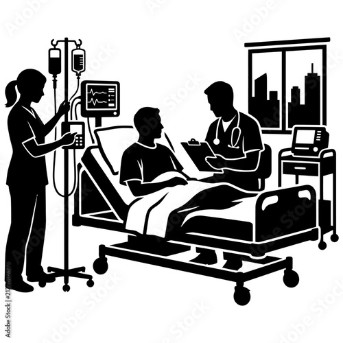 doctor and nurse caring for patient in hospital bed with medical equipment