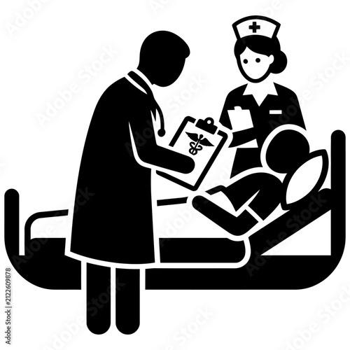 doctor and nurse tending to patient in hospital bed medical care icon