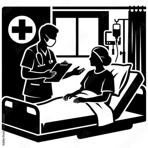 doctor talking to patient in hospital room with iv drip medical care