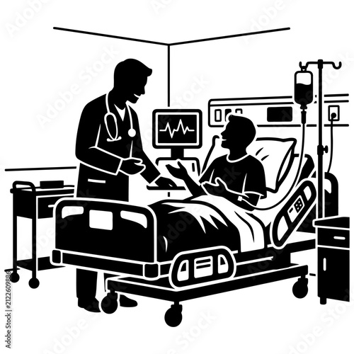 doctor talking to patient in hospital bed with monitor and iv drip