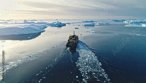 Icebreaker ship navigating through frozen arctic waters with towering icebergs during a serene golden hour light mood