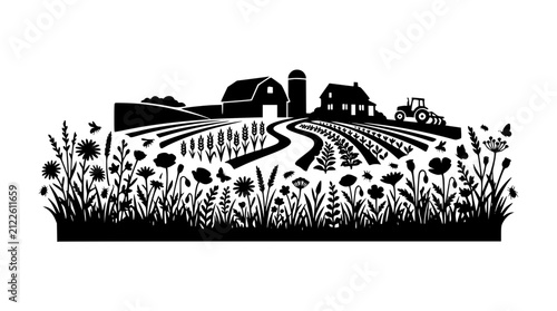 Rural farm landscape silhouette with barn tractor and wildflower meadow