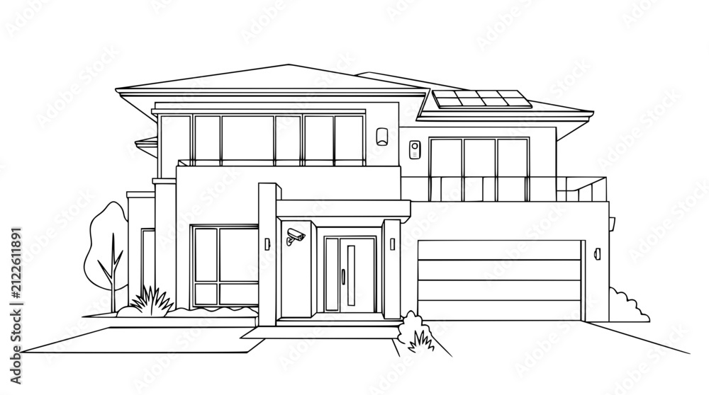 Fototapeta premium Modern Two-Story House Exterior Line Art Illustration