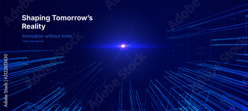 Futuristic technology banner template with copy space, glowing data streams and blue digital network elements. Modern business presentation with abstract data flow, digital lines and geometric forms.