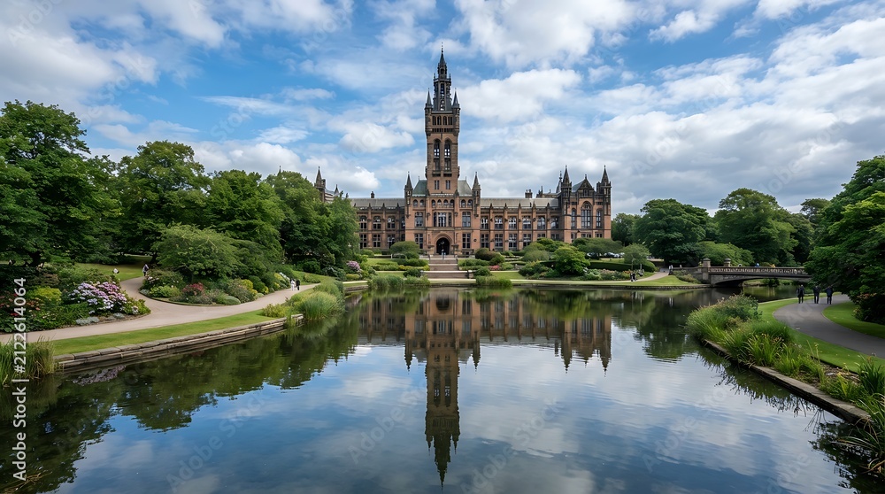 Obraz premium The university of glasgow main building and its reflection in the river kelvin at kelvingrove park on a sunny day in glasgow, scotland