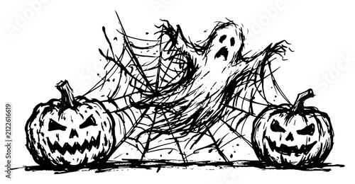 Canvas Print Flying ghost with spooky pumpkins and spiderwebs in hand drawn sketch style