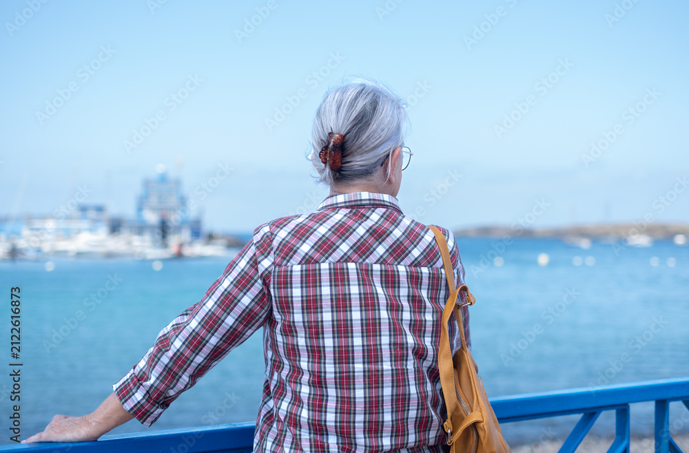 Fototapeta premium Senior adult woman enjoying seaside view from marina, contemplating retirement and peaceful travel, embracing freedom and solitude by the ocean