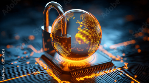 Globe secured by a padlock on a microchip representing global cybersecurity and protected digital networks
