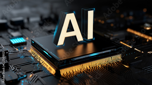 AI letters displayed on a microchip represent artificial intelligence computing and advanced digital innovation.
