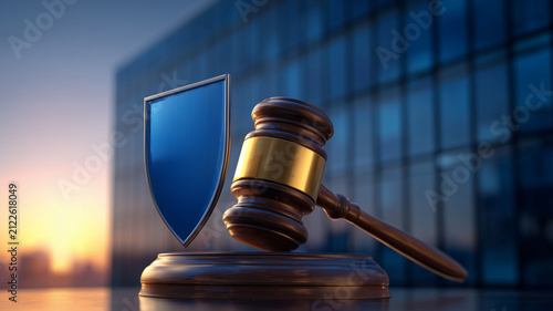 Judge gavel beside a shield representing legal protection regulatory enforcement and secure governance
