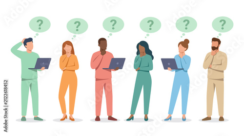 Large group of diverse professionals expressing confusion together