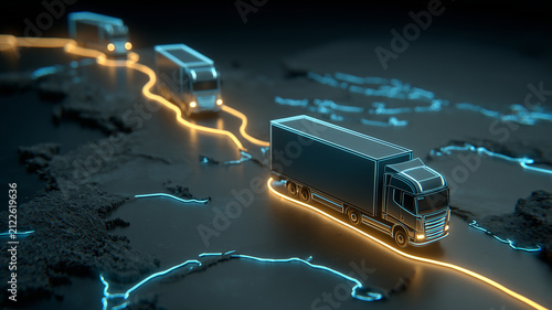Cargo trucks following a route across a map represent logistics tracking global transport and supply chain management.

